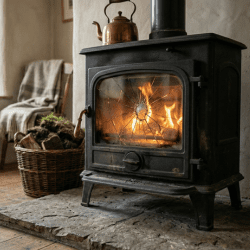 Cracked stove door glass on a wood-burning stove in an Irish home showing heat stress damage