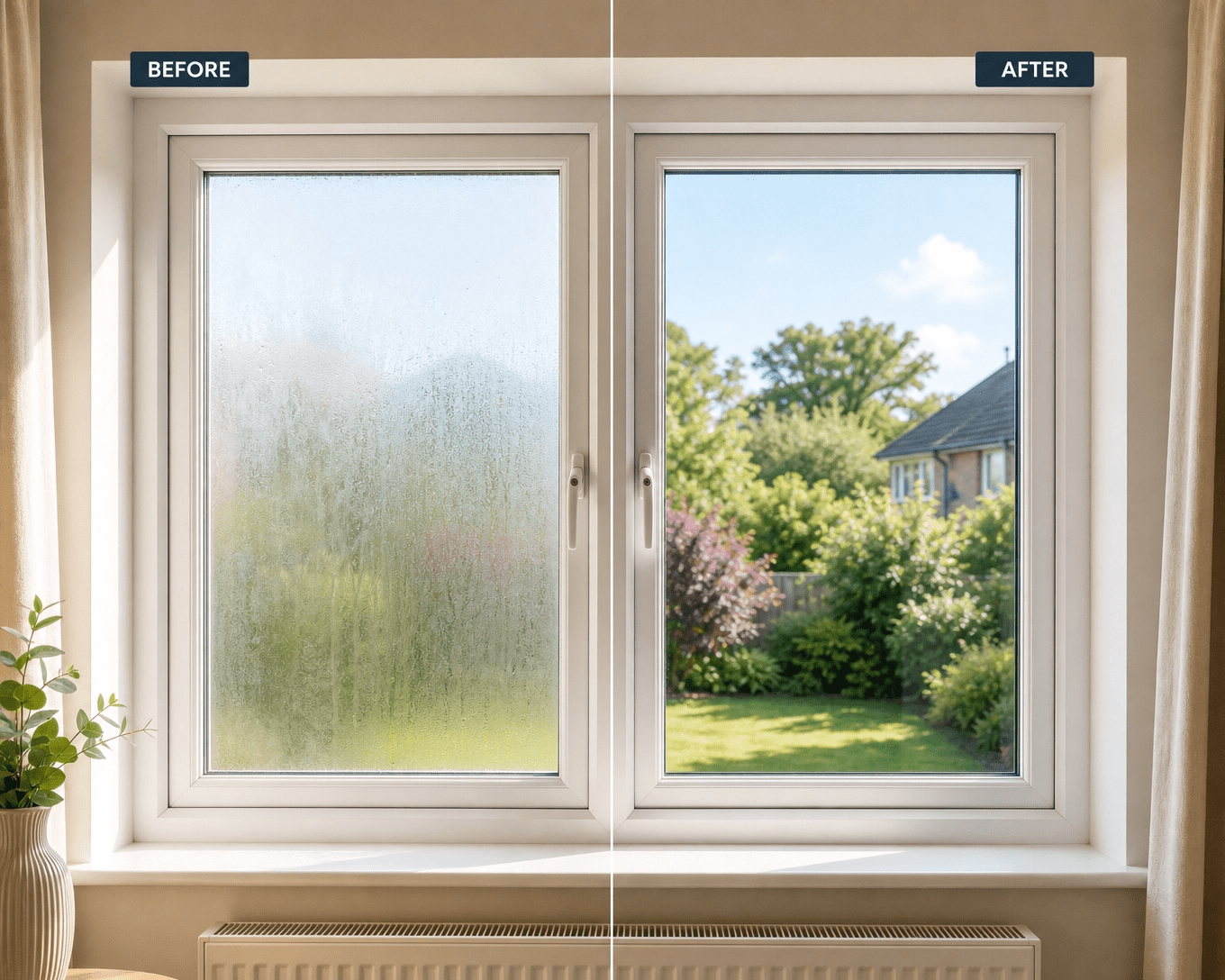 Before and after retrofit glazing — foggy double glazing replaced with crystal clear A-rated glass in the same window frame